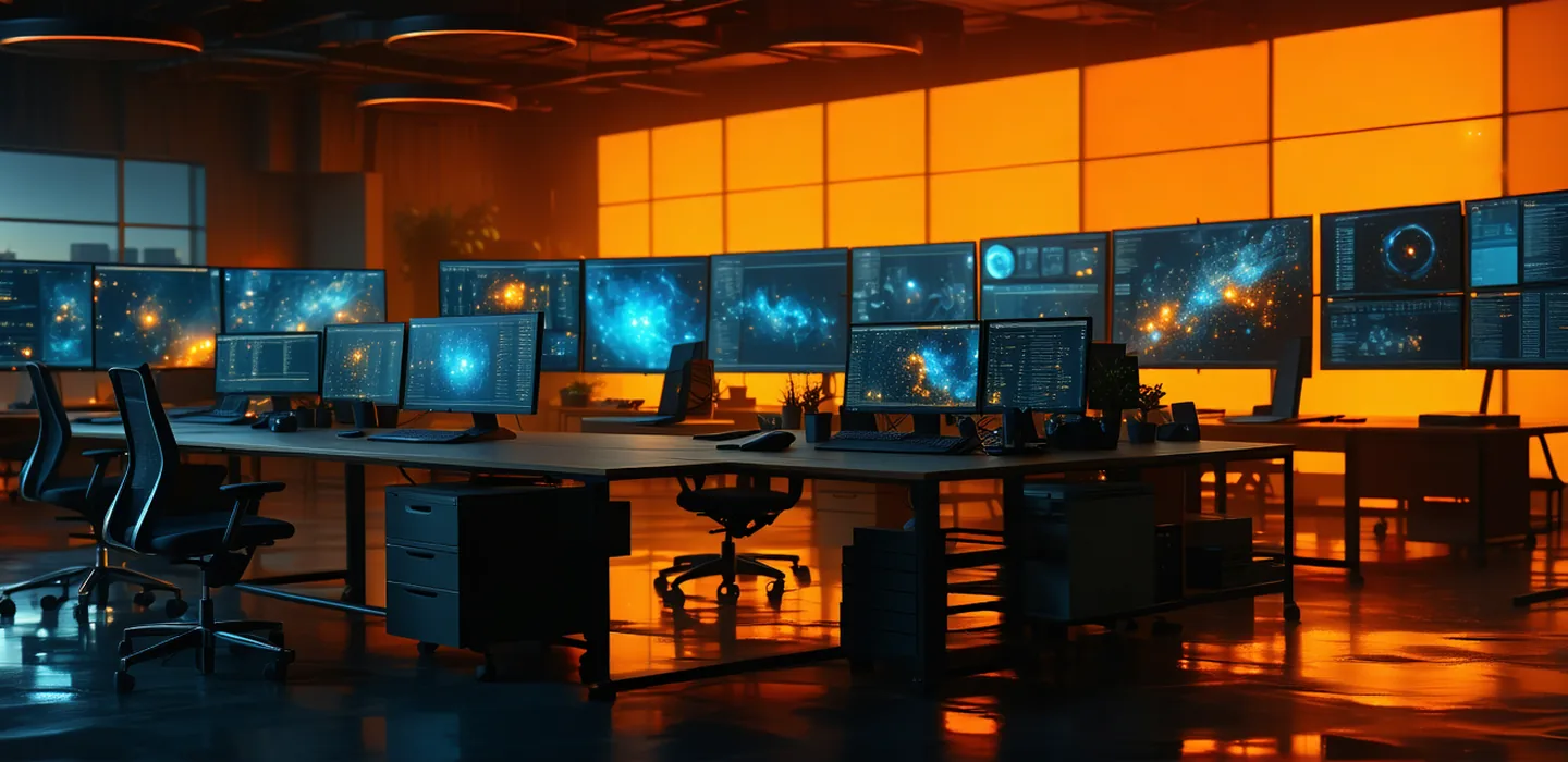 Modern creative workspace in Los Angeles with data visualization screens and a creator-economy analytics aesthetic